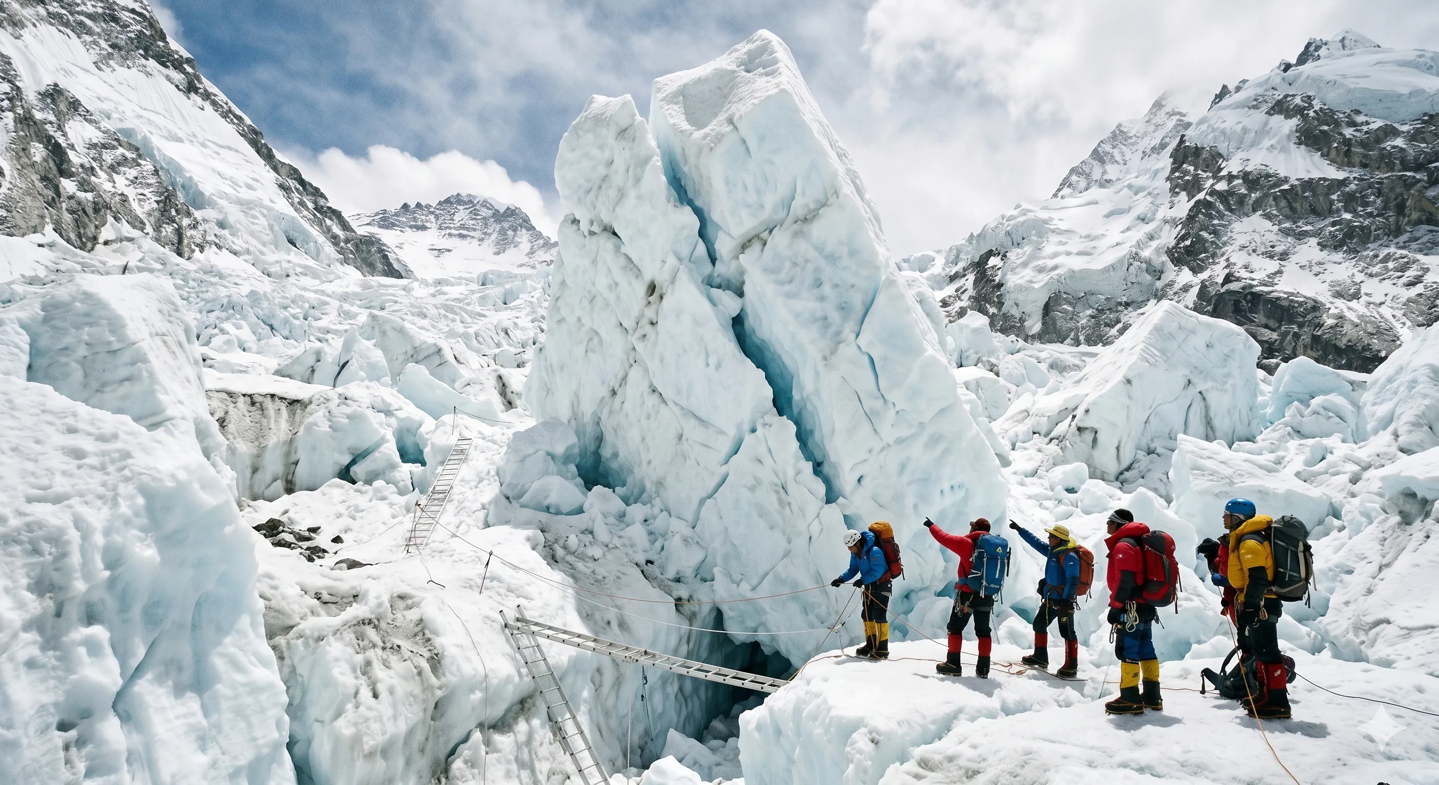 Retard majeur dans la cascade de glace du Khumbu : un énorme bloc de glace (sérac) de 100 pieds de haut a bloqué la route vers le camp 1 sur le mont Everest, interrompant les préparatifs pour la saison printanière.