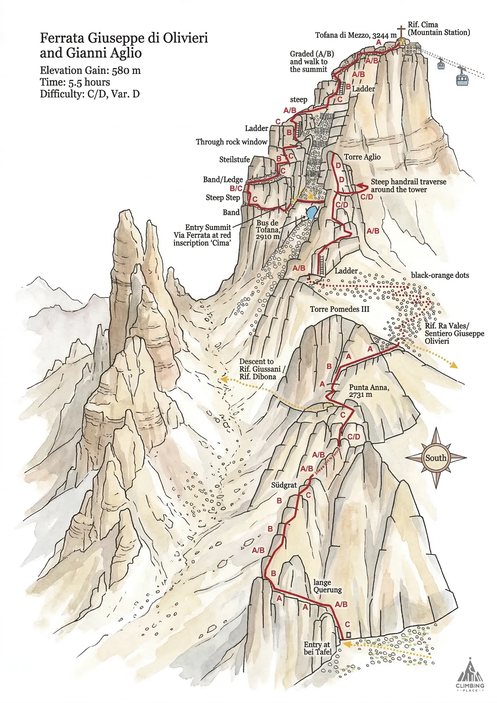 Topo de Ferrata Giuseppe di Olivieri und Gianni Aglio (variant D) (C/D), Dolomites
